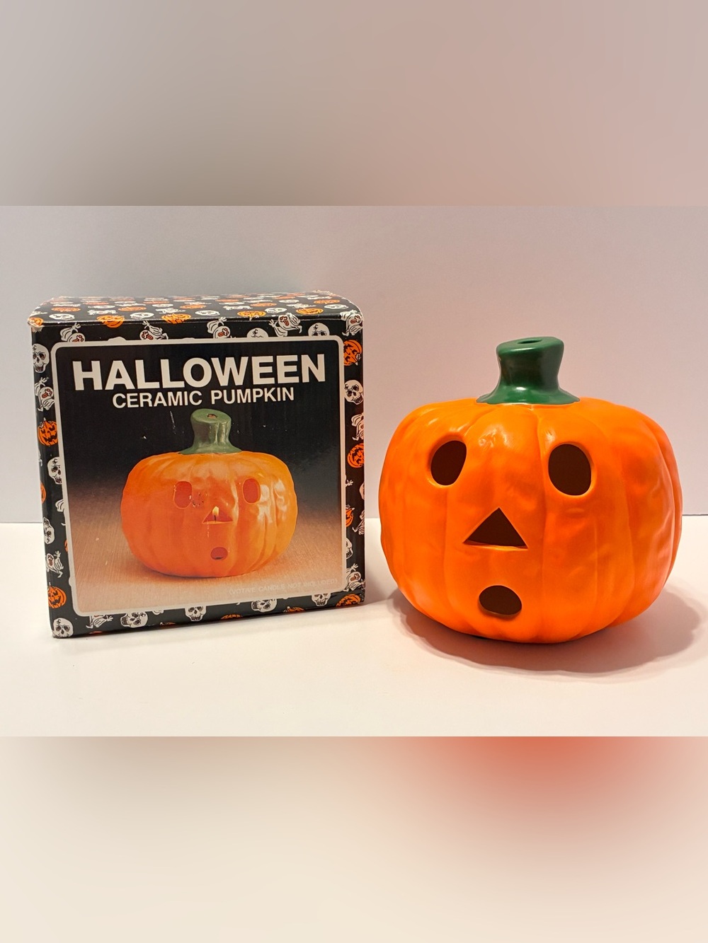 Vintage Halloween Ceramic Worried Jack 'O Lantern Candle Holder Pumpkin
